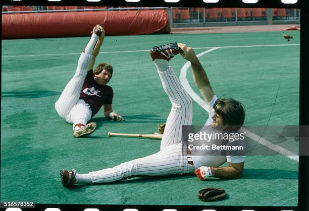 Phillies' Pete Rose and Mike Schmidt work out at Veteran Stadium.