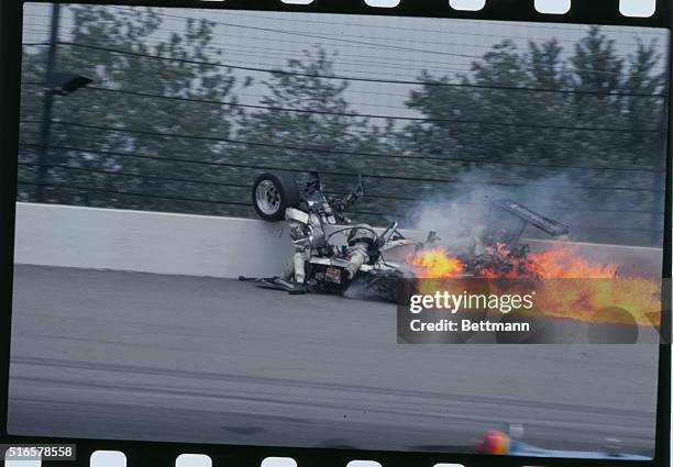 The racer Danny Ongais of Hawaii slams into the wall on the third turn, May 24th, and bursts into flames in the Indianapolis 500 Race. The accident...