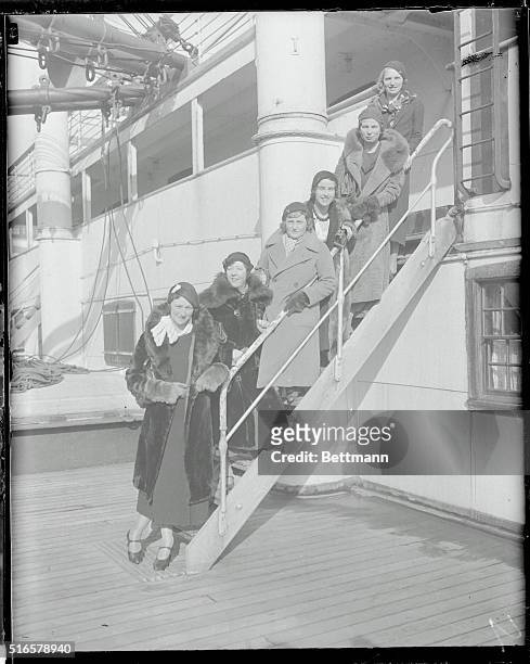 Women golf stars of Great Britain are seen here aboard the S.S. Samaria as they arrived in New York on February 7th, en route to Palm Beach, Florida,...