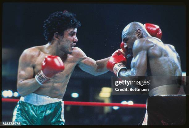 Mustafa Hamsho challenger, N.J. And middleweight champion Marvin Hagler during title bout at the Rosemont Horizon stadium. Hagler won with a TKO...