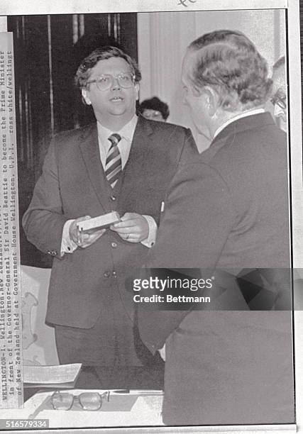 Wellington, New Zealand: Mr. David Lange taking the oath in front of the Governor-General Sir David Beattie to become the prime minister of New...