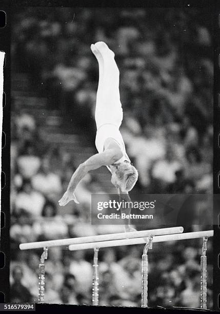 Bart Conner, Norman, Okla., scored a perfect 10 on the parallel bars in the gymnastics 7/31. This effort and others like it helped bring the U.S....