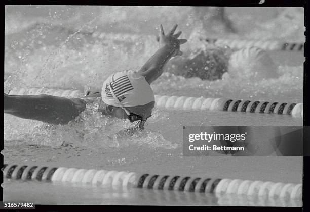 Tracy Caulkins, American swimmer of Nashville, Tennessee, swims in the pool here on her way to a new Olympic record in the 200m individual medley...