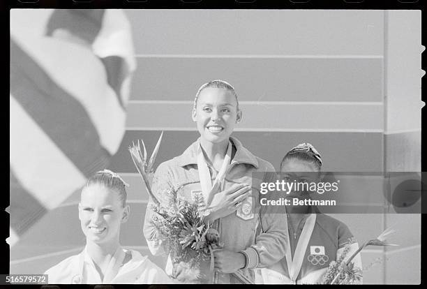 Los Angeles, California: America's Tracie Ruiz won the gold medal in the solo synchronized swimming with Canada's Carolyn Waldo taking the silver...