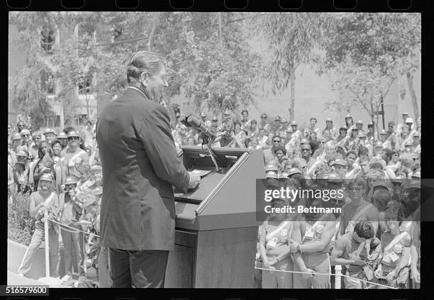 Los Angeles: President Reagan, speaking to the American Olympians at USC before heading for the nearby Coliseum to open the Olympic games, urges the...