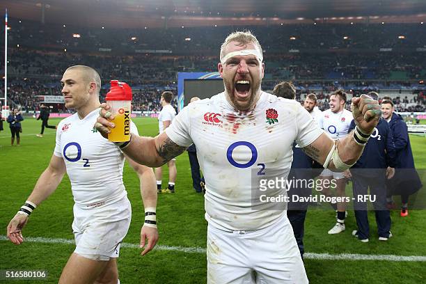 James Haskell of England celebrates following his team's 31-21 victory during the RBS Six Nations match between France and England at the Stade de...