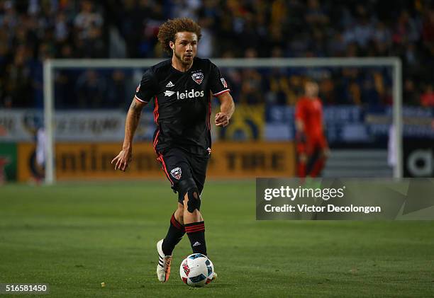 Nick DeLeon of D.C. United paces the ball on attack during the MLS match against the Los Angeles Galaxy at StubHub Center on March 6, 2016 in Carson,...