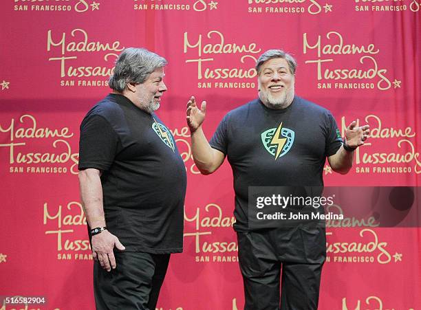 Apple co-founder Steve Wozniak admires a wax sculpture of himself during The Silicon Valley Comic Con 2016 at San Jose Convention Center on March 19,...