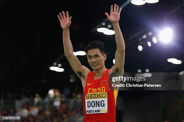 Bin Dong of China wins gold in the Men's Triple Jump Final during day three of the IAAF World Indoor Championships at Oregon Convention Center on...