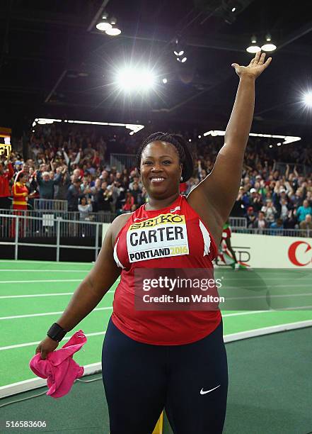 Michelle Carter of the United States wins gold in the Women's Shot Put Final during day three of the IAAF World Indoor Championships at Oregon...