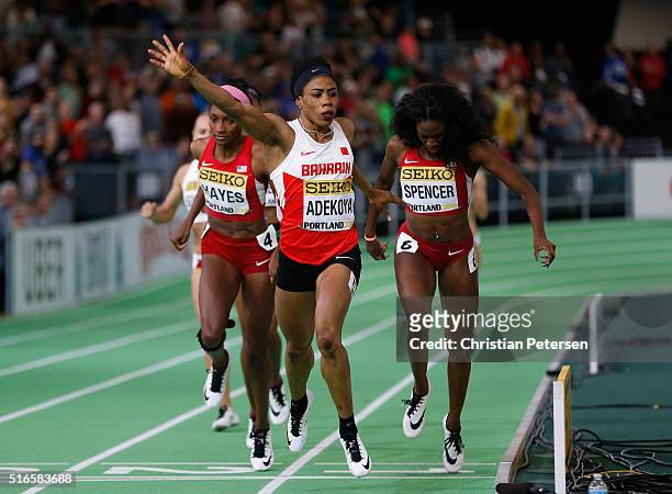 Oluwakemi Adekoya of Bahrain crosses the line to win gold in the Women's 400 Metres Final during day three of the IAAF World Indoor Championships at...