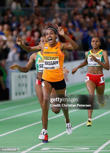 Sifan Hassan of the Netherlands crosses the line to win gold in the Women's 1500 Metres Final during day three of the IAAF World Indoor Championships...