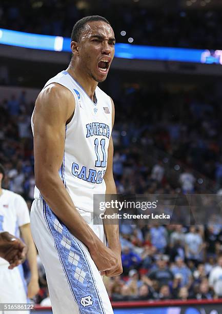 Brice Johnson of the North Carolina Tar Heels reacts after a play against the Providence Friars during the second round of the NCAA Men's Basketball...