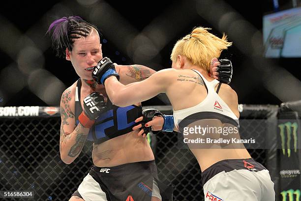 Seohee Ham lands a punch on Bec Rawlings during their UFC Strawweight bout during UFC Brisbane on March 20, 2016 in Brisbane, Australia.