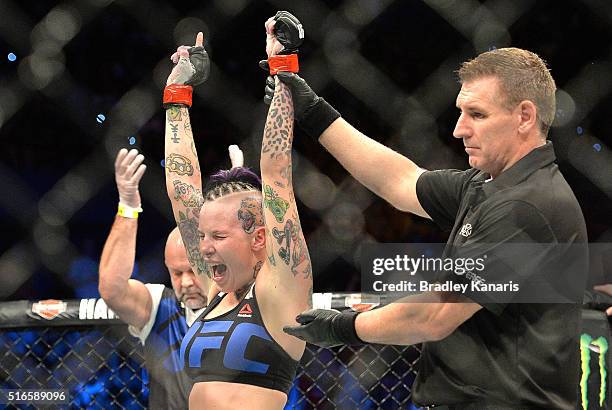 Bec Rawlings celebrates her win against Seohee Ham during UFC Brisbane on March 20, 2016 in Brisbane, Australia.