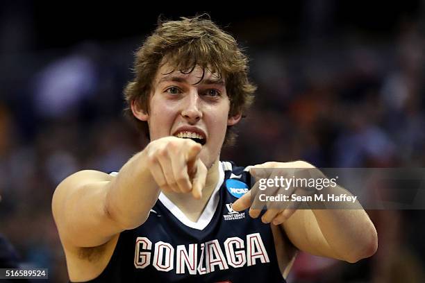 Kyle Wiltjer of the Gonzaga Bulldogs celebrates in the second half against the Utah Utes during the second round of the 2016 NCAA Men's Basketball...