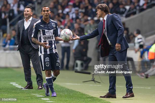 Matias Almeida, coach of Chivas, handles the ball to Edgar Castillo of Monterrey during the 11th round match between Monterrey and Chivas as part of...