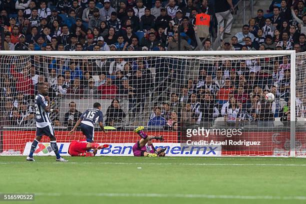 Carlos Peña of Chivas scores his team's first goal during the 11th round match between Monterrey and Chivas as part of the Clausura 2016 Liga MX at...