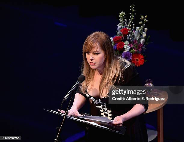 Actress Kirsten Vangsness speaks at Selected Shorts 2016: Dangers and Discoveries at The Getty Center on March 19, 2016 in Los Angeles, California.
