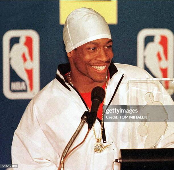 Philadelphia 76ers guard Allen Iverson answers a reporter's question during a press conference after he was named the National Basketball...