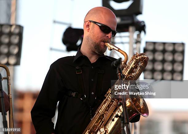 Joshua Levy of Grupo Fantasma performs onstage at the SXSW Outdoor Stage at Lady Bird Lake during the 2016 SXSW Music, Film + Interactive Festival on...