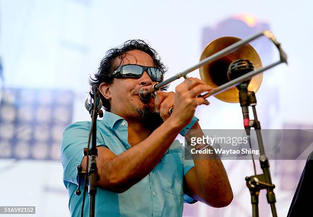 Gilbert Elorreaga of Grupo Fantasma performs onstage at the SXSW Outdoor Stage at Lady Bird Lake during the 2016 SXSW Music, Film + Interactive...