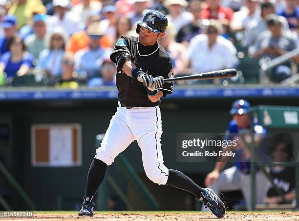 Ichiro Suzuki of the Miami Marlins in action during the spring training game against the New York Mets on March 15, 2016 in Jupiter, Florida.