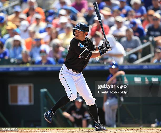 Ichiro Suzuki of the Miami Marlins at bat during the spring training game against the New York Mets on March 15, 2016 in Jupiter, Florida.