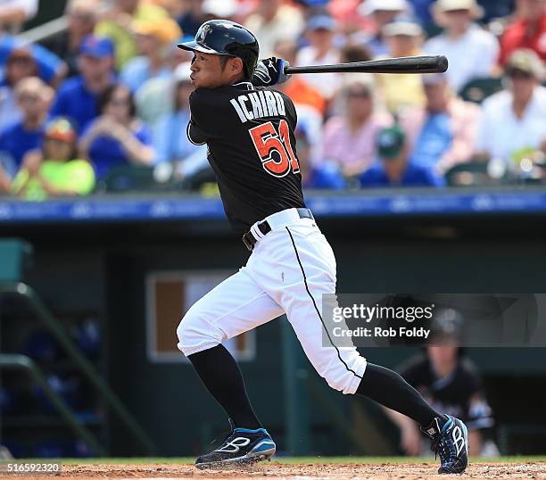 Ichiro Suzuki of the Miami Marlins during an at bat during the spring training game against the New York Mets on March 15, 2016 in Jupiter, Florida.