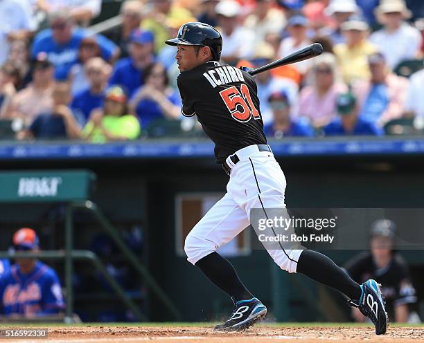 Ichiro Suzuki of the Miami Marlins during an at bat during the spring training game against the New York Mets on March 15, 2016 in Jupiter, Florida.