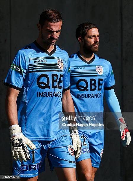 Ante Covic and Jerrad Tyson of the Glory take the field to warm up during the round 24 A-League match between the Wellington Phoenix and the Perth...