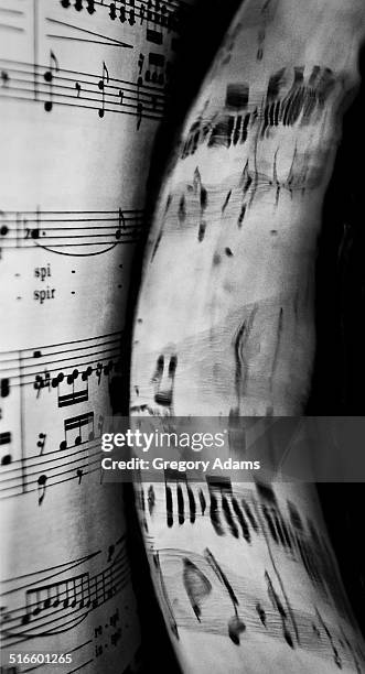 sheet music reflected on a french horn - hatboro fotografías e imágenes de stock