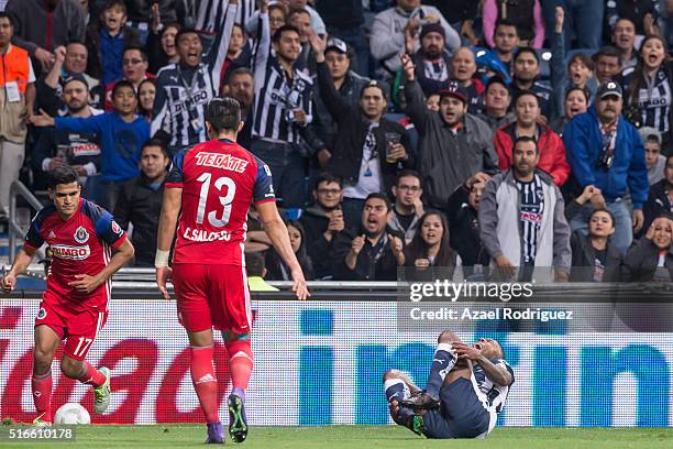 Dorlan Pabon of Monterrey lies on the ground during the 11th round match between Monterrey and Chivas as part of the Clausura 2016 Liga MX at BBVA...