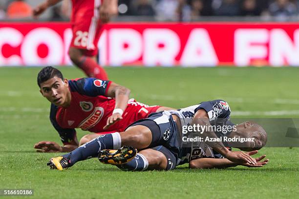 Carlos Sanchez of Monterrey falls to the ground during the 11th round match between Monterrey and Chivas as part of the Clausura 2016 Liga MX at BBVA...