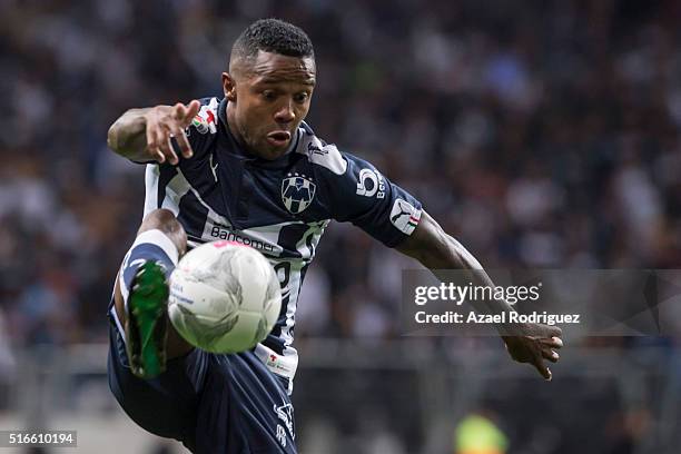 Dorlan Pabon of Monterrey receives the ball during the 11th round match between Monterrey and Chivas as part of the Clausura 2016 Liga MX at BBVA...