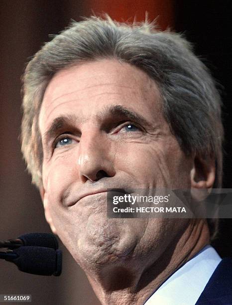 Democratic presidential candidate John Kerry addresses supporters during his concession speech 03 November 2004 at Faneuil Hall in Boston, MA. Kerry...