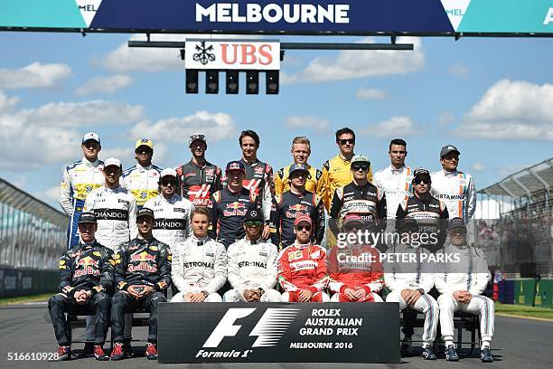 Formula One drivers Red Bull Racing's Russian driver Daniil Kvyat,Red Bull Racing's Australian driver Daniel Ricciardo, Mercedes AMG Petronas F1...