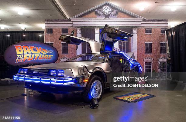Replica of the DeLorean car from "Back to the Future" is seen on display during the Silicon Valley Comic Con in San Jose, California on March 19,...