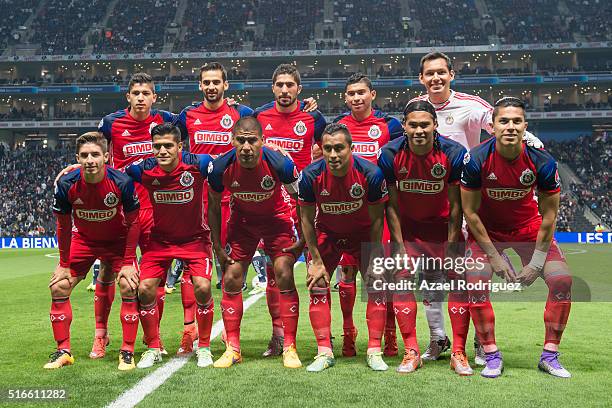 Players of Chivas pose prior the 11th round match between Monterrey and Chivas as part of the Clausura 2016 Liga MX at BBVA Bancomer Stadium on March...