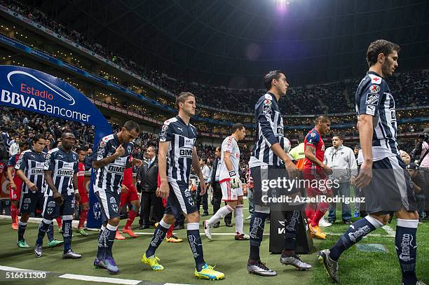 Players of Monterrey and Chivas get in the field prior the 11th round match between Monterrey and Chivas as part of the Clausura 2016 Liga MX at BBVA...