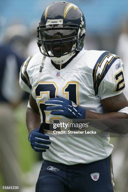 LaDainian Tomlinson of the San Diego Chargers warms up prior to taking on the Carolina Panthers on October 24, 2004 at Bank of America Stadium in...