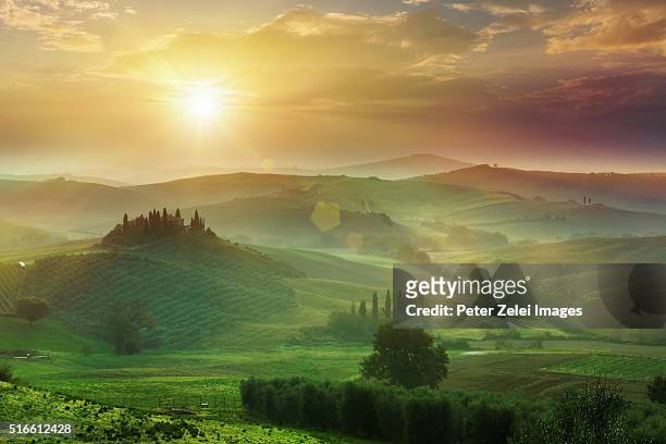 tuscan landscape at sunrise, location: val d'orcia, tuscany, italy. - rolling landscape stock pictures, royalty-free photos & images