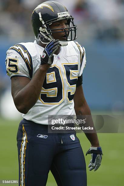 Shaun Phillips of the San Diego Chargers looks on during the game against the Carolina Panthers on October 24, 2004 at Bank of America Stadium in...