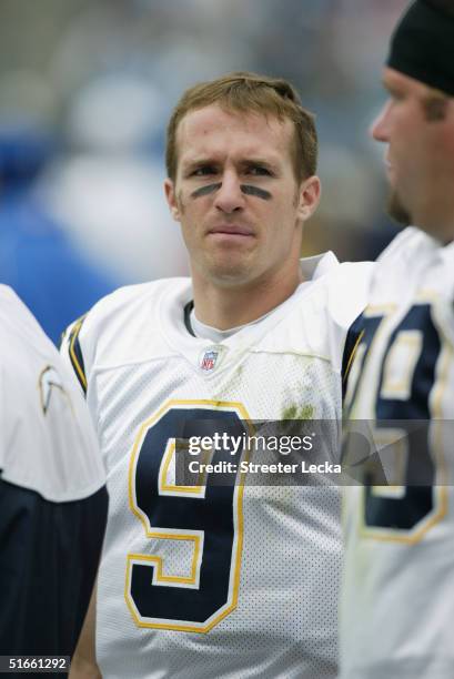 Drew Brees of the San Diego Chargers looks on during the game against the Carolina Panthers on October 24, 2004 at Bank of America Stadium in...