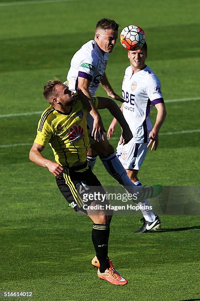 Shane Lowry of the Glory and Hamish Watson of the Phoenix compete for a header during the round 24 A-League match between the Wellington Phoenix and...