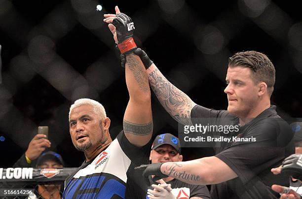 Mark Hunt celebrates his victory against Frank Mir during their UFC Heavyweight Bout at UFC Brisbane on March 20, 2016 in Brisbane, Australia.