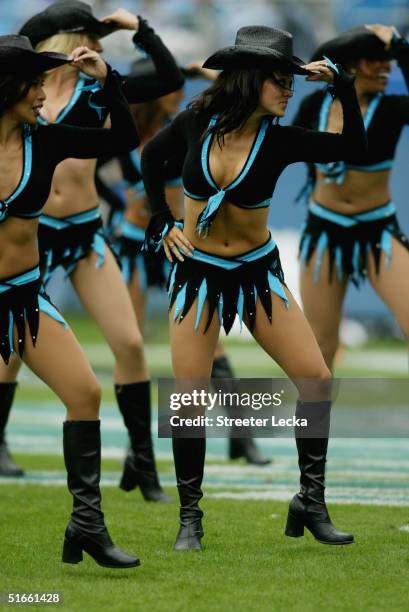 The Carolina Panthers cheerleaders entertain the fans during the game against the San Diego Chargers on October 24, 2004 at Bank of America Stadium...