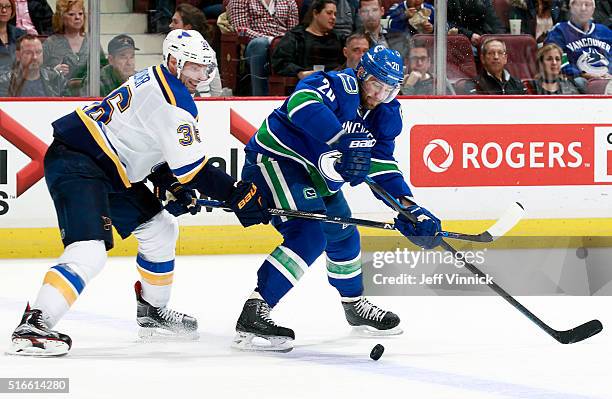 Troy Brouwer of the St. Louis Blues pursues Chris Higgins of the Vancouver Canucks during their NHL game at Rogers Arena March 19, 2016 in Vancouver,...