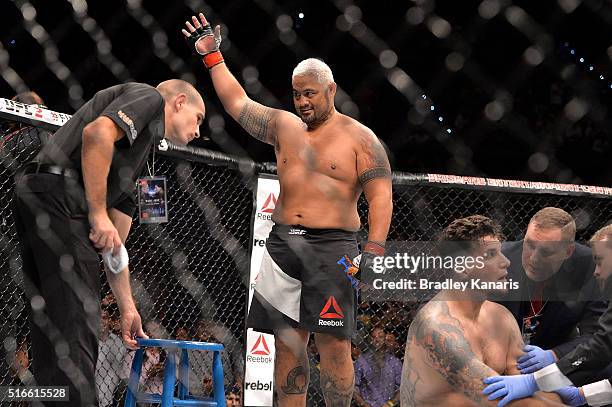 Mark Hunt celebrates his victory against Frank Mir during their UFC Heavyweight Bout at UFC Brisbane on March 20, 2016 in Brisbane, Australia.