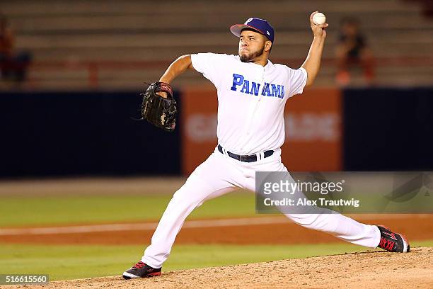 Angel Cuan of Team Panama pitches during Game 5 of the World Baseball Classic Qualifier against Team France at Rod Carew Stadium on Saturday, March...
